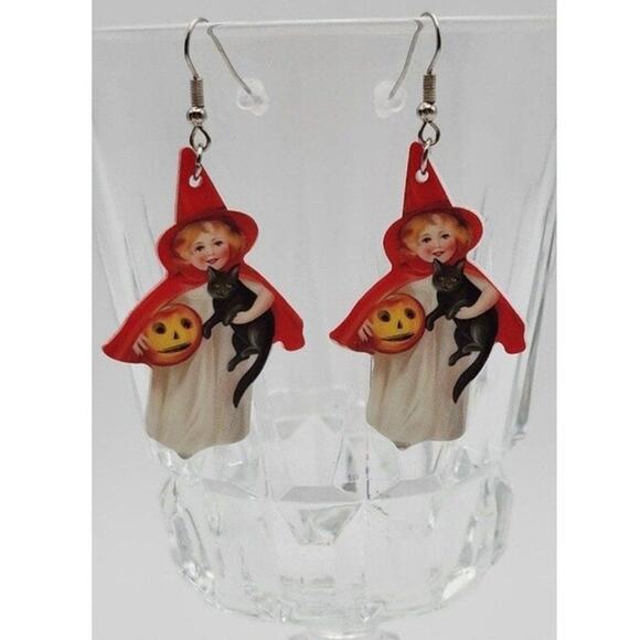 Earrings Little Witch Black Cat Pumpkin Vintage Design Earrings - Picture 2 of 3